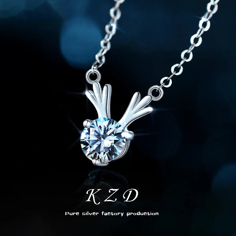 

Ladies S925 Sterling Silver Antlers 1 Carat Moissan Diamond Necklace Clavicle Chain Birthday Gift