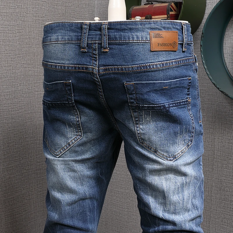 European American Vintage Fashion Men Jeans Retro Dark Blue Elastic Slim Fit Ripped Jeans Men Korean Style Denim Pencil Pants