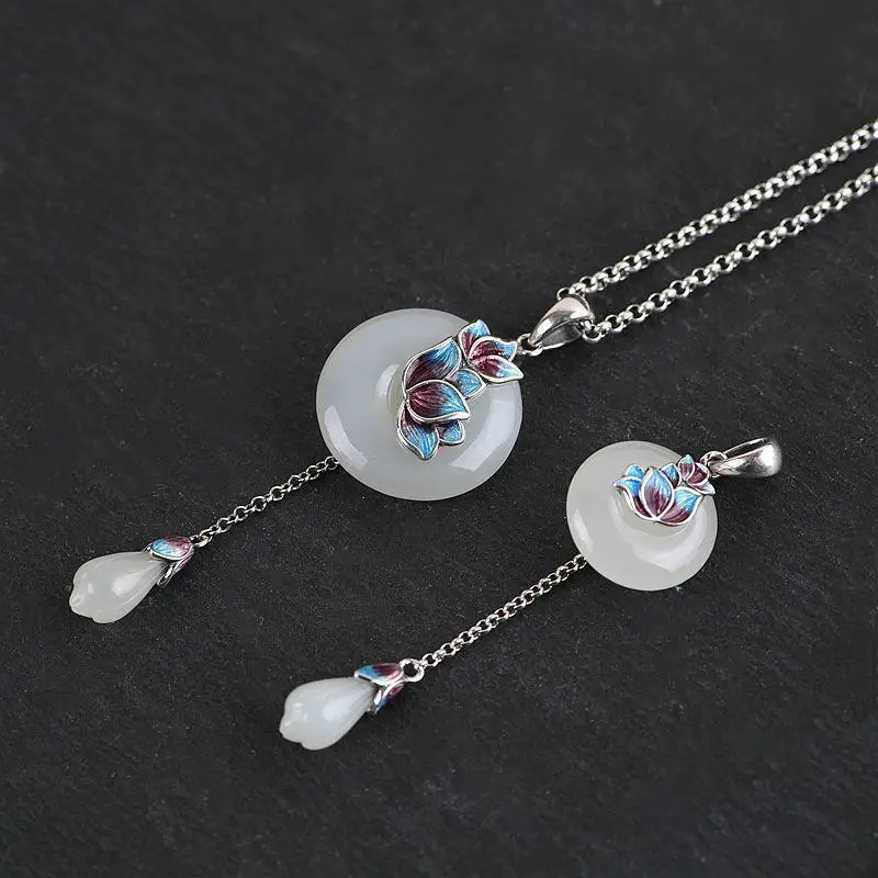 

Burnt Blue Lotus Pendant S925 Silver Vintage White Magnolia Flower Tassel Cloisonne Peace Buckle for Cheongsam Hanfu Pendant