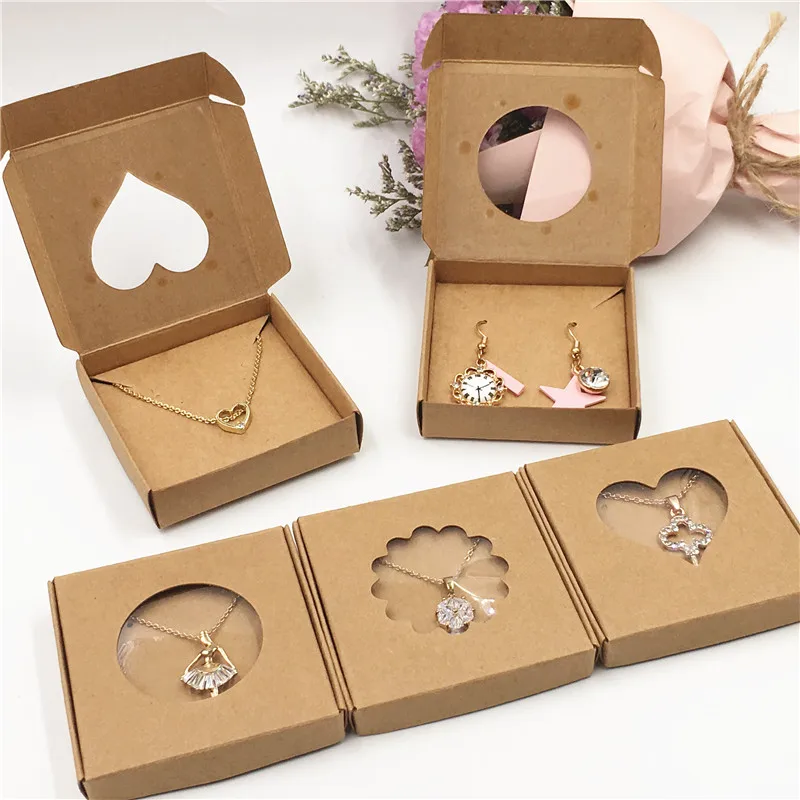 50Sets Kraft Paper Handmade Jewelry Set Packing Displays Boxes Brown Necklace And Earring Gift Boxes 6x6x1cm 6x6x1.5cm
