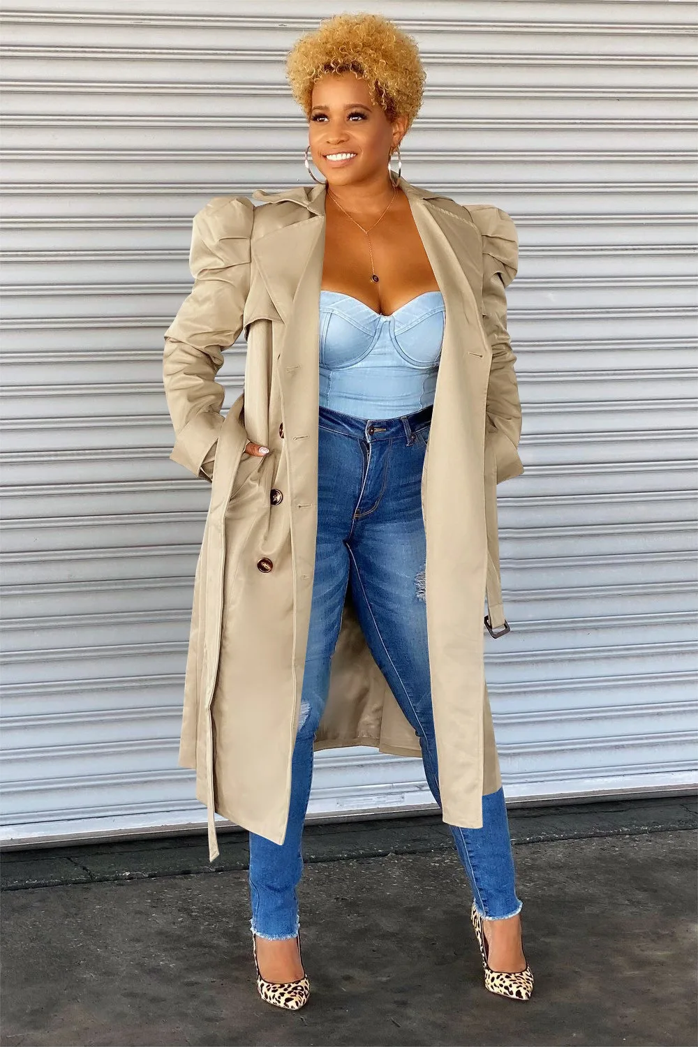 

Chocomist Outwear Fashion Solid Lantern Sleeve Women Trench