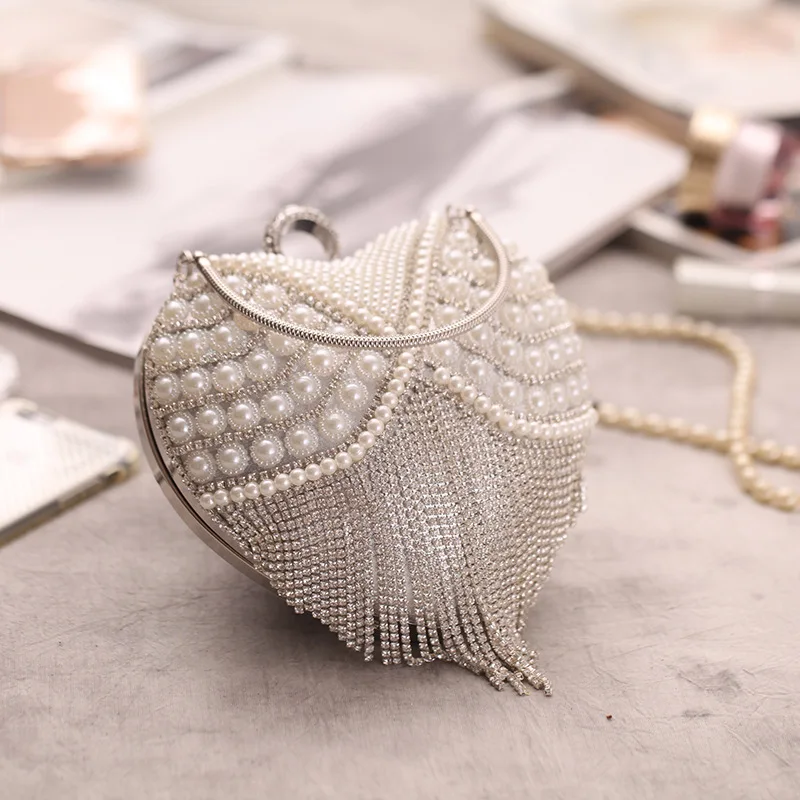 

Heart Shape Evening Bag Luxury Tassel Diamond Day Clutch Gold Women Pearl Shoulder Bag Chain Handbag Wedding