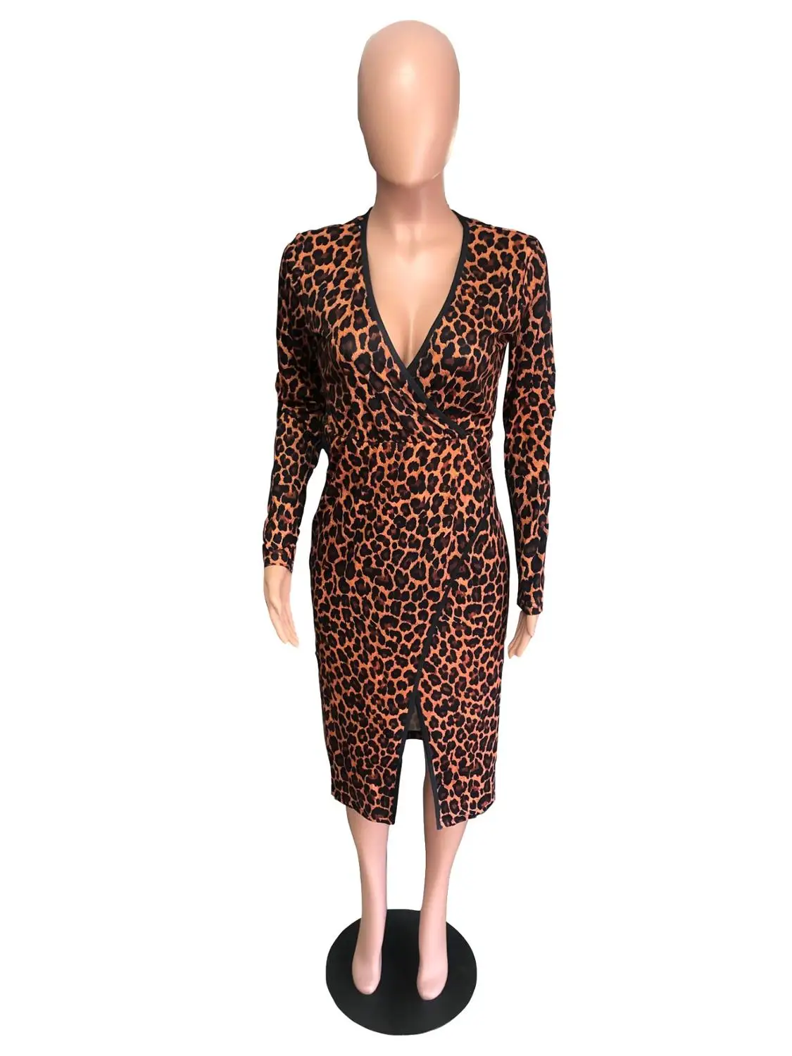 

2021 Newest Gorgeous Stripes Leopard Printing Women Dresses Deep V-Neck Long Sleeves Front Split Party Bodycon Dress