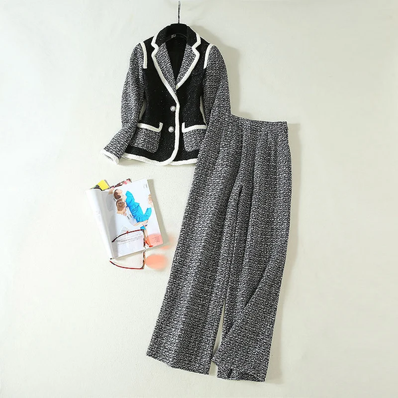 2019 autumn and winter new women's black white tweed color matching jacket + wide leg pants temperament suit | Женская одежда