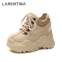 new spring high platform boots 12cm high heels women thick sole shoes leather wedge chunky sneakers breathable casual ankle shoe