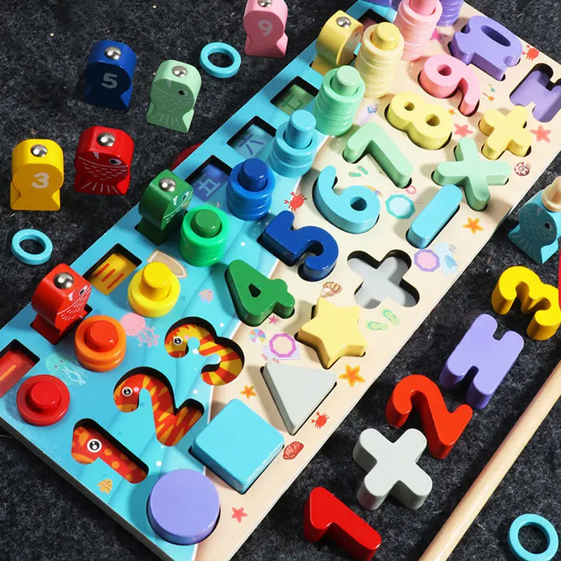 

Education Wooden Montessori Toys Board Geometric Shape Cognition Puzzle Fishing Math Toys Early Educational Toys For Children