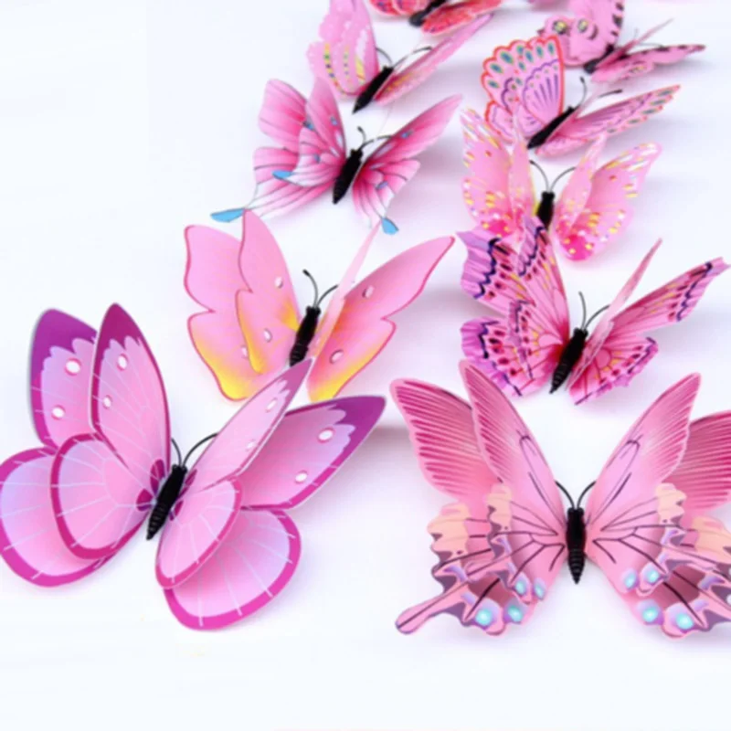 12PCs 3D Butterfly Wall Stickers Pink Vivid Decoration Kid's Room Decor Stereoscopic Bedroom | Дом и сад