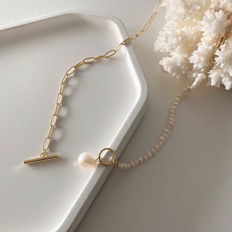 

Elegant Natural Freshwater Pearl Necklace For Women Gold Chunky Link Chain Asymmetry Toggle Clasp Circle Chokers Necklace