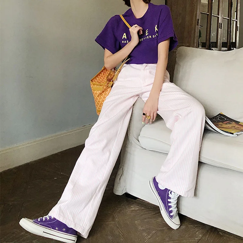 Полосатые брюки женские длинные прямые свободные хлопковые в Вертикальную