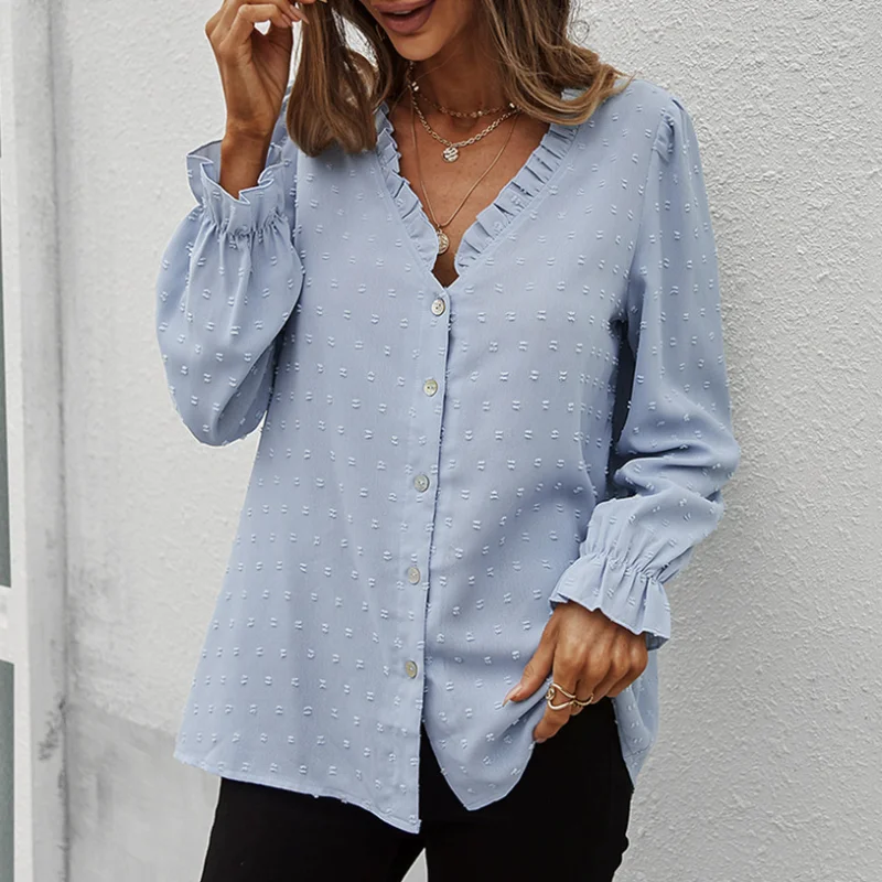

Office Lady Ruffle V-neck Blouse Shirt Spring Summer Puff Long Sleeves Women Shirts Casual Fashion Blue Female Tops 2022 New