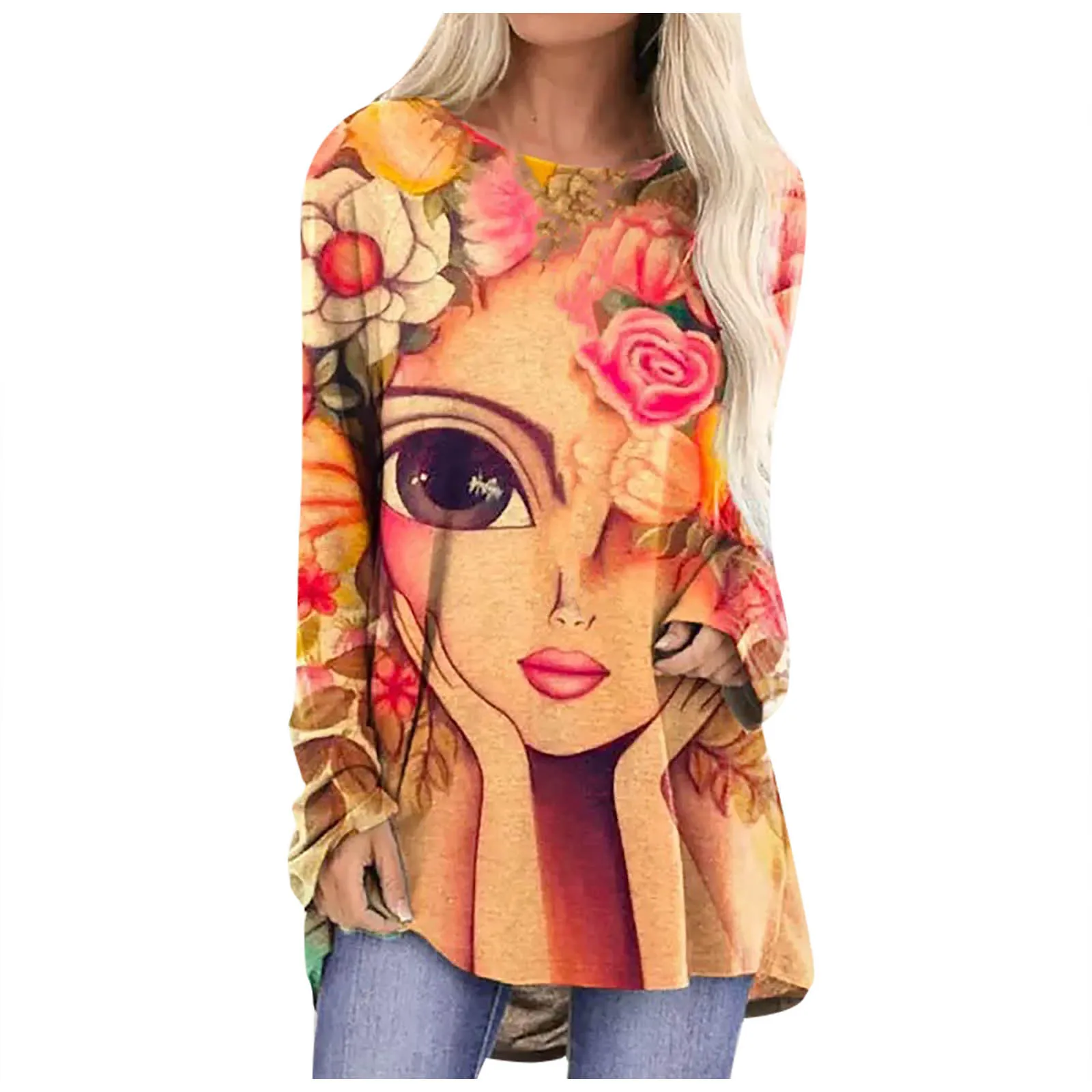 Женский модный топ с длинным рукавом свободная футболка круглым вырезом и