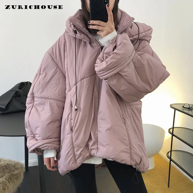 

ZURICHOUSE 2021 Fashion Loose Winter Coat Women Bat Type Oversized Hooded Overcoat Female Warm Cotton Padded Women's Parkas