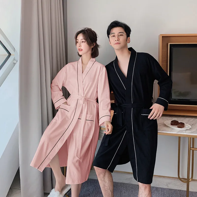 Men Long Sleeve Sleep Bath Robes Homewear V Neck Pockets Cozy Bathrobe Lovers Couples Pure Cotton Leisure Mens Nightgown Dress