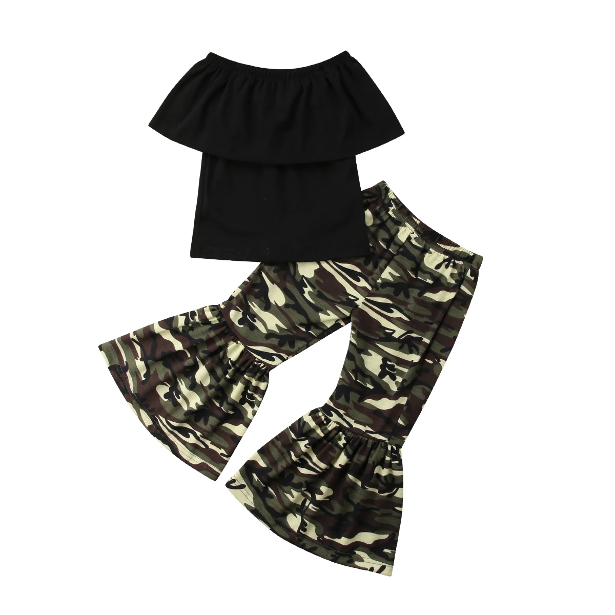 

2020 Summer New Baby Clothing Set Kids Baby Girls Casual Camo Clothes Off-shoulder Tops+Loose Flared Pants Bell Bottoms Set 2PCS