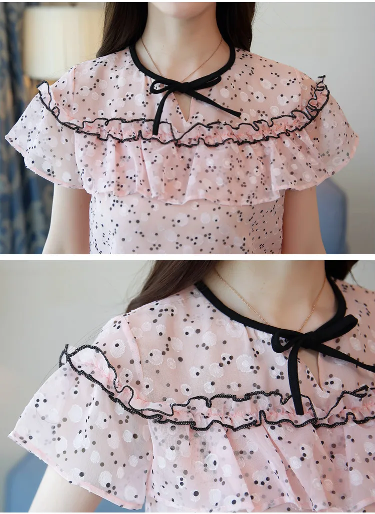 

New Summer Fashion Sweet Print Chiffon Women Shirt Short Sleeve Women Blouse And Tops Clothing Pink Female Tops Blusas D838 30
