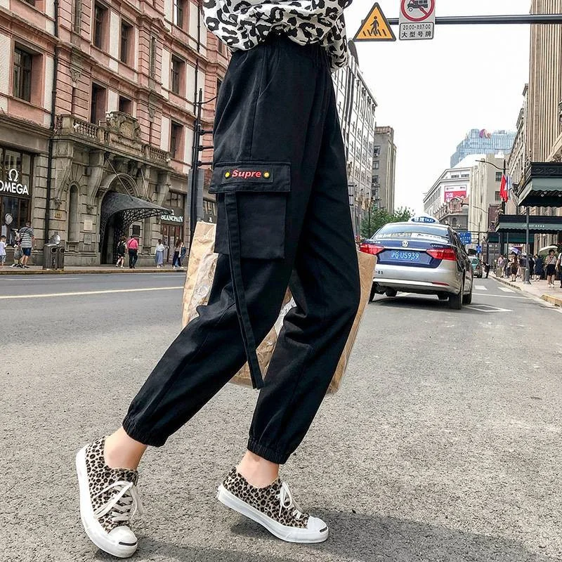 

2019 Black Autumn Women Clothing Straight Overalls Casual Hip Hop Harem Pants Korean Elastic Waist Triangle Buckle Cargo Pants