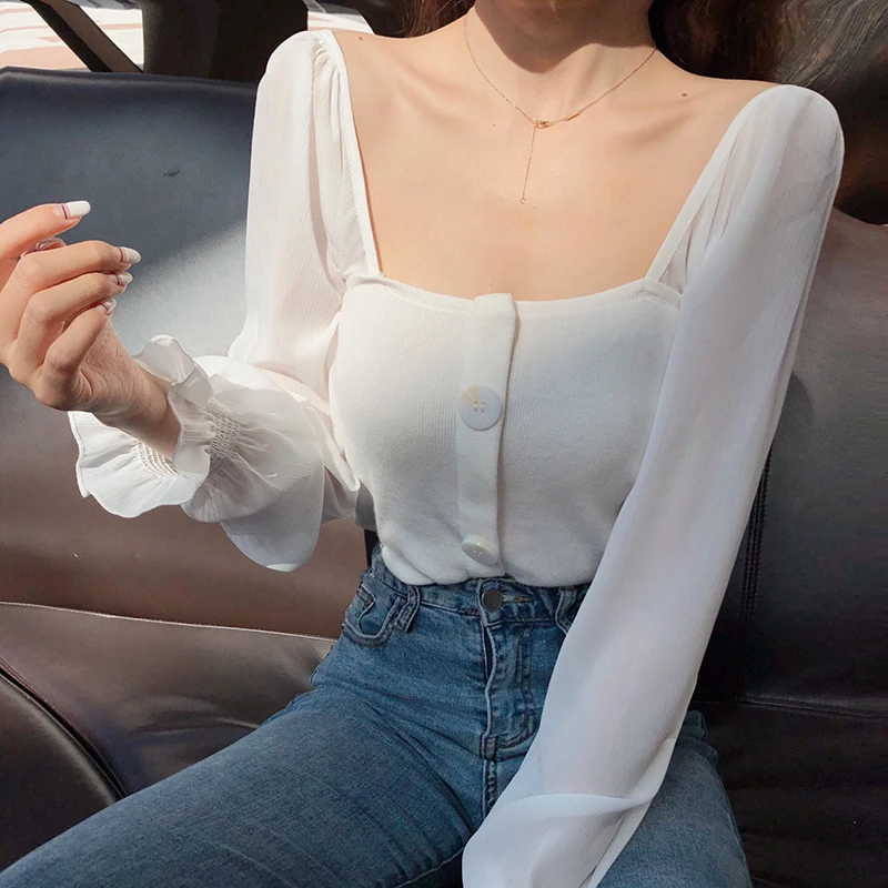 Women Slim Patchwork Chiffon Full Lantern Sleeve Square Collar Cropped T-Shirts Lady Knitted Stretchy Crop Tops Tshirt For Girls