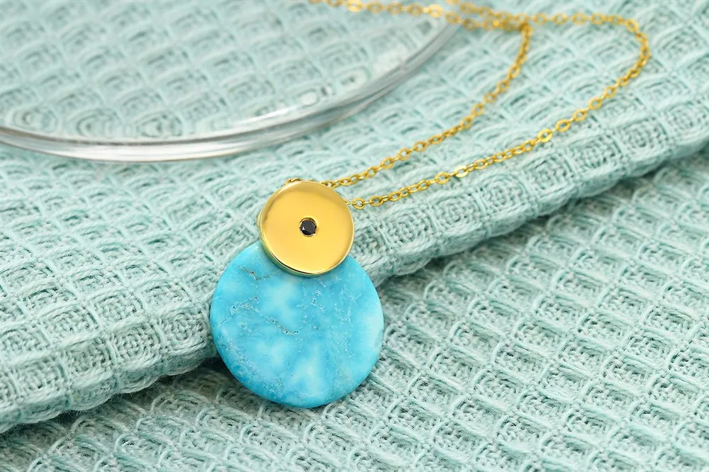 GemStoneKing Round Blue Simulated Turquoise 925 Sterling Silver Pendant Necklace For Women With Black Diamond Accent | Украшения и