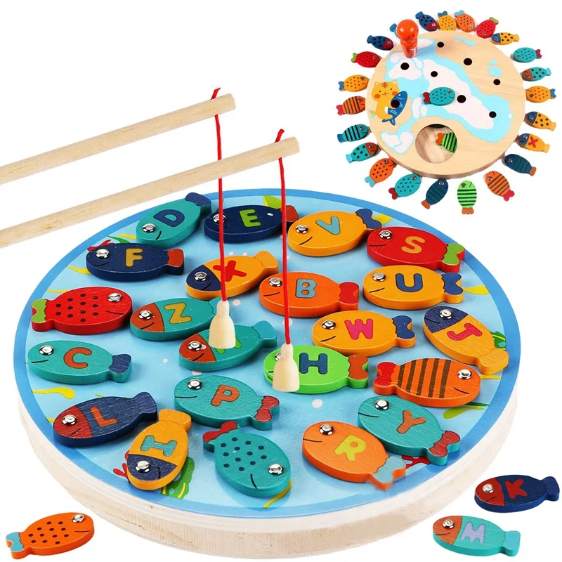 

netic Wooden Fishing Game Toy for Alphabet Fish Catching Counting Board Games Toys for 2 3 4 Year Old Girl Boy Kids Birthday