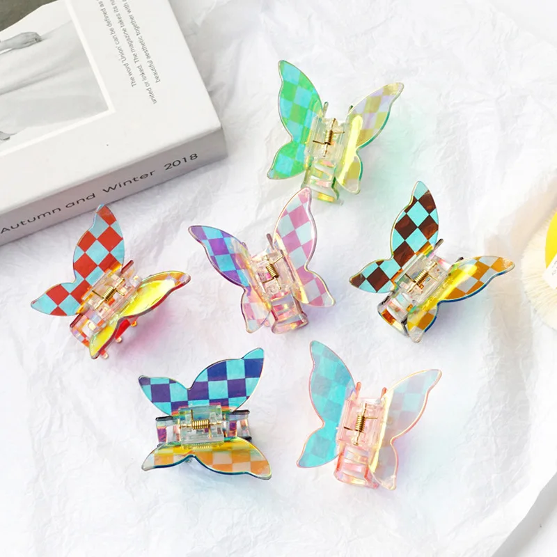 

2021 Summer Colorful Butterfly Hair Claws Hairpins Cute Checkerboard Grabs PVC Hair Clips for Women Sweet Hair Accessories