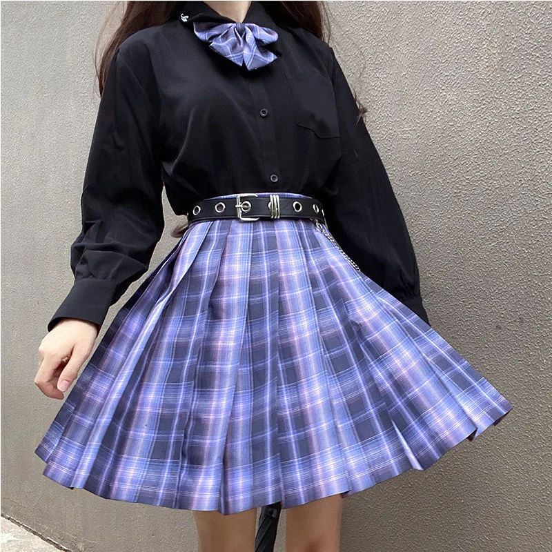 

[Romantic ] Long/Short Sleeve Stundent Lady Girls High Waist Plaid Pleated Skirts JK School Uniform Anime Clothes Black