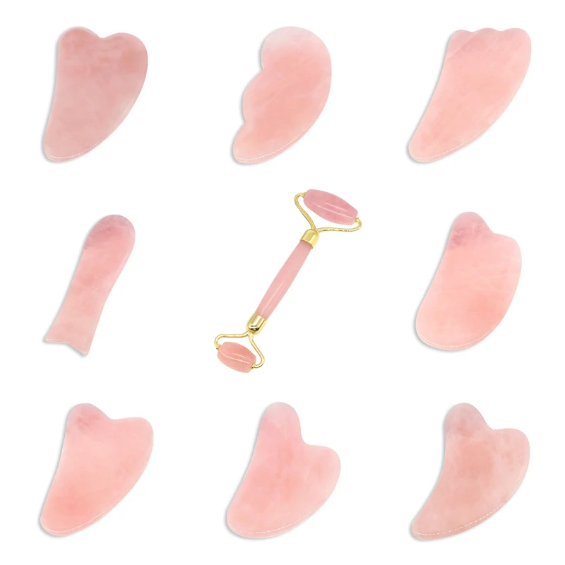 Массажер гуаша из натурального нефрита пластина розового кварца скребок для