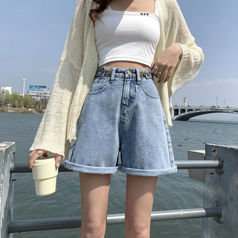 

TongSiHai Jeans Shorts for Women Ladies High Waist Crimping Denim Short Pants Girls Students Summer Casual Wide Leg Streetwear