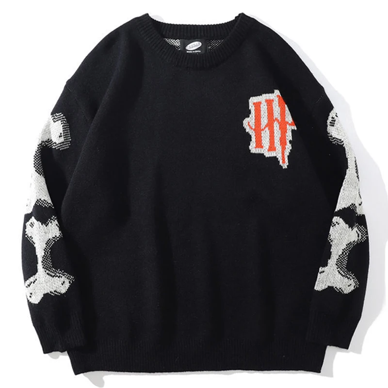 Мужской Жаккардовый свитер со скелетом винтажный Повседневный пуловер оверсайз