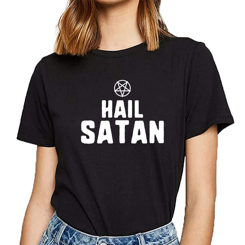 Топы Футболка Для женщин с надписью hail satan пентаграмма сатаны сатанизм Люцифер в