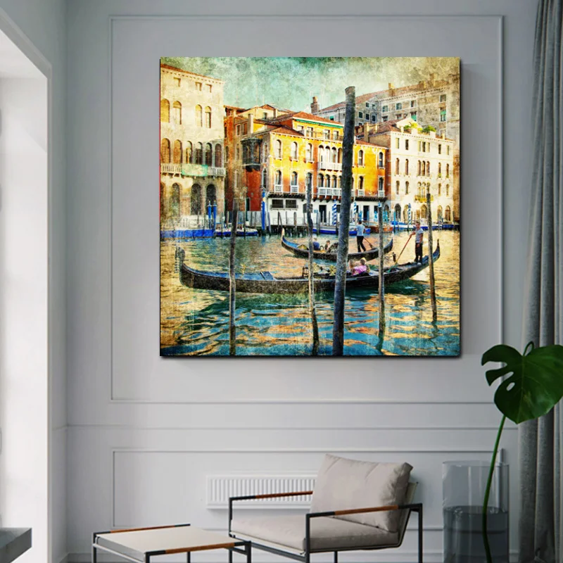 Винтажное художественное классическое здание озеро и корабль ландшафтный принт