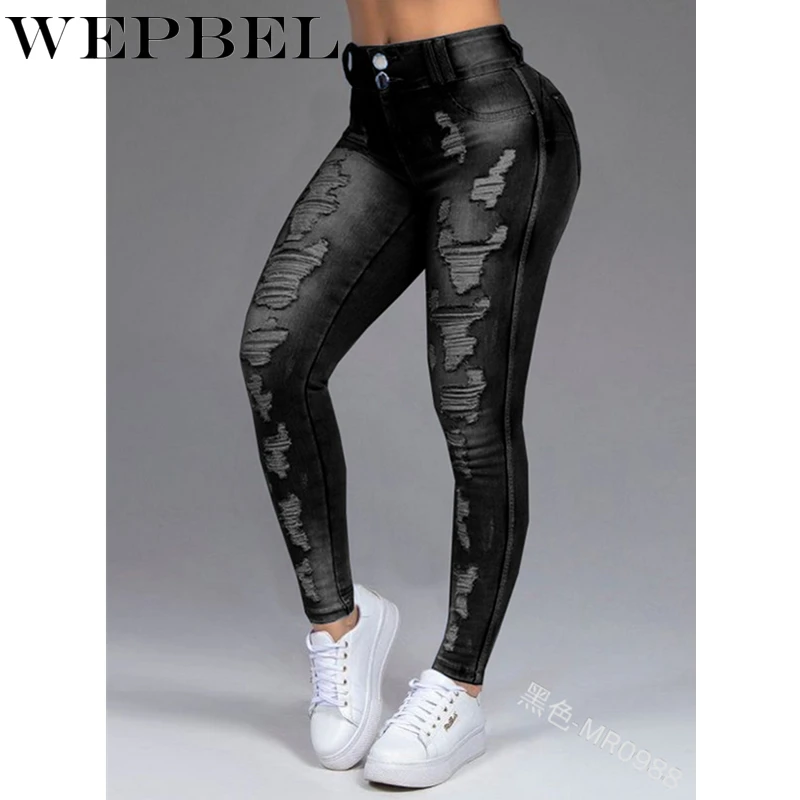 

WEPBEL Women Sexy Hole Denim Pants Ladies High Waist Skinny Ripped Pencil Jeans Female Slim Fit Vintage Trousers
