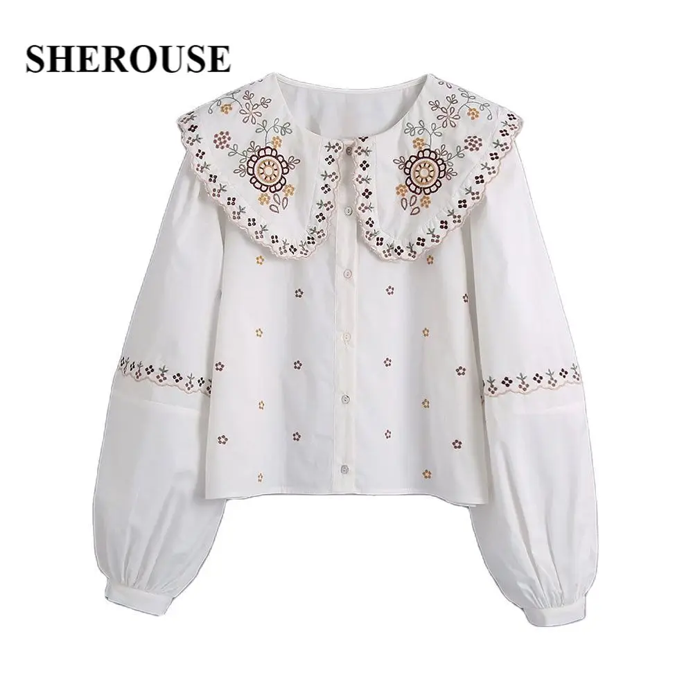 

Sherouse Women Vintage Embroidery Shirt Single Breasted Long Puff Sleeves Peter Pan Collar Casual Woman Chic Tops Blouse