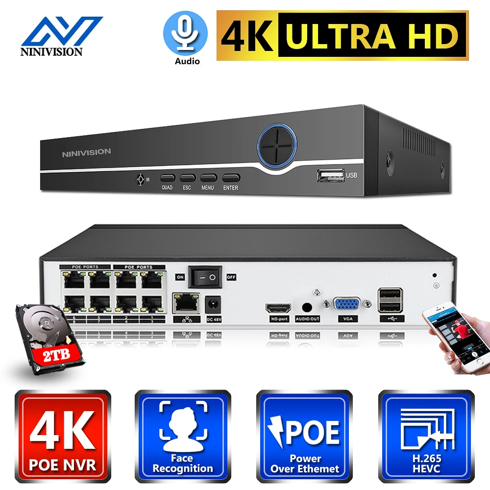 

4K RJ45 Network Video Surveillance Recorder 8 channel POE NVR System face detection 8MP IP Camera Recorder XMEYE 8CH 5MP