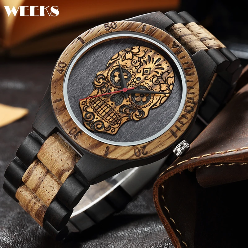 

Brown Zebra Wood Watch Men Watches Wooden Strap Band Quartz Male Wristwatch Pirate Skull Engraved Men's Clock reloj de madera