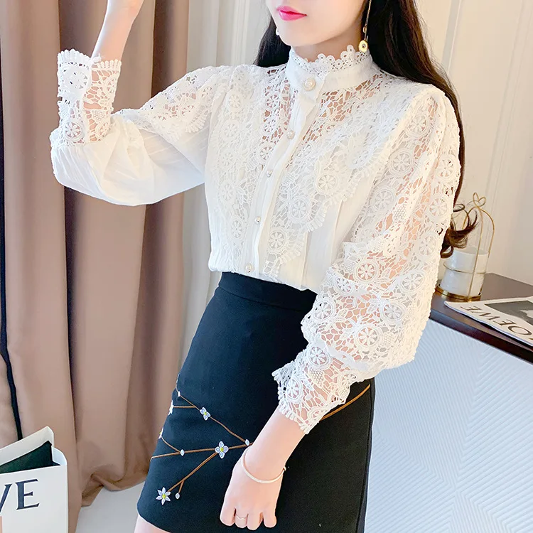 

Casual Lace Blouse Women Shirts White Tops Spring Vintage Mesh Long Petal Sleeve Blouses Women Office Lady 2021 New Fashion