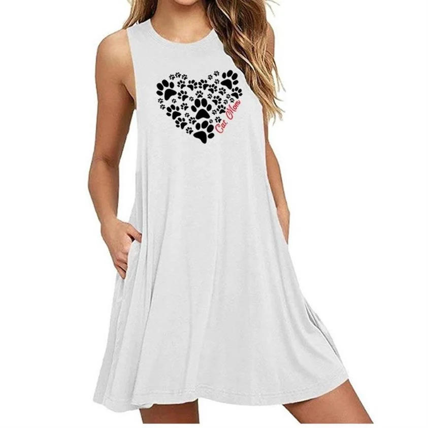 

Sleeveless Dress Heart Cat Mom Paw Pattern Print Vintage Dresses Summer Fashion Women Loose Beach Dress With Pockets Clothing