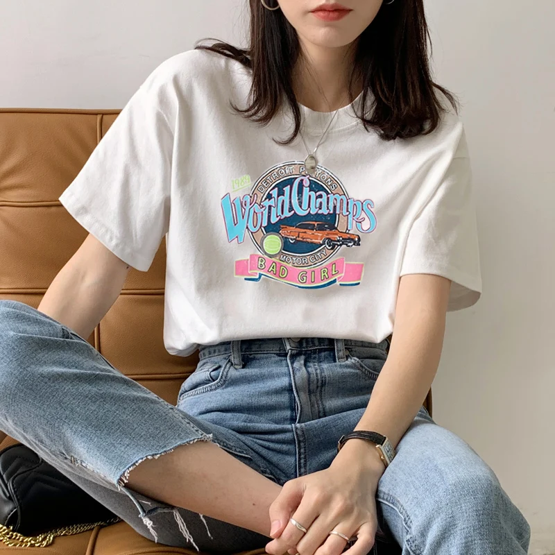 

pure cotton white short-sleeved t-shirts female summer loose round collar printed web celebrity half sleeve base coat