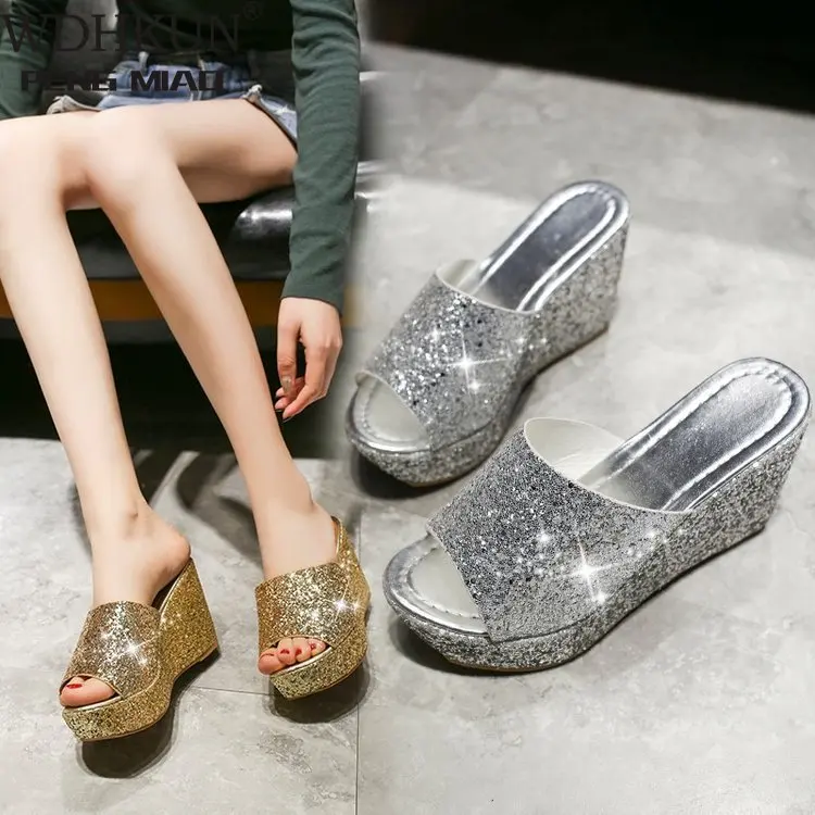 Летняя и осенняя Новая женская обувь женские сандалии с блестками открытым