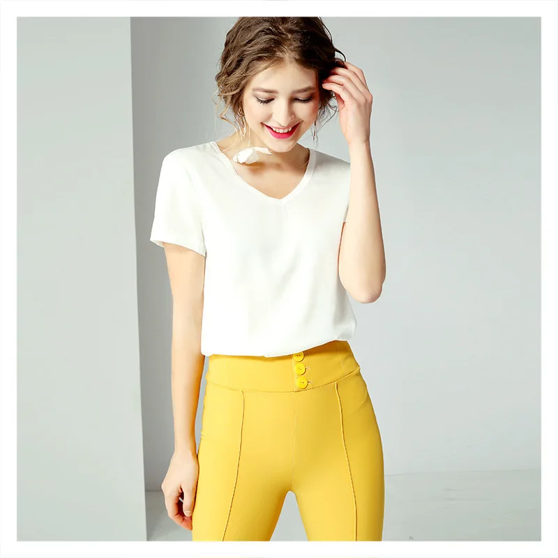 

2020 Women's New Solid Color Silk Shirt Short Sleeve Slim Fit Silk T-shirt Women
