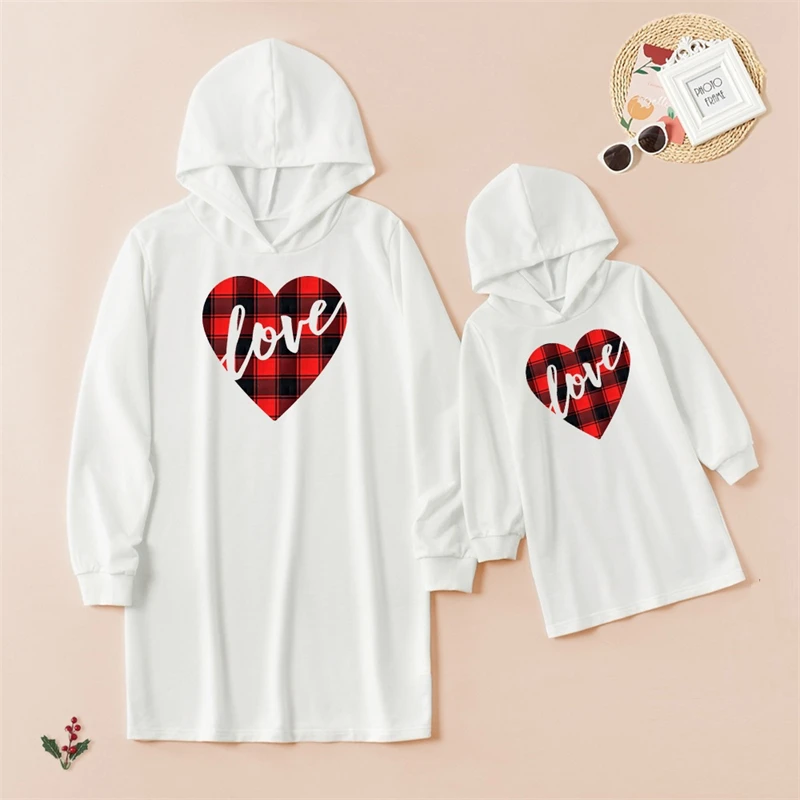 2022 Love Sweaters Autumn Mother Daughter Matching Dresses Family Set Mom Baby Mommy and Me Clothes Women Girls Hoodies Dress | Мать и