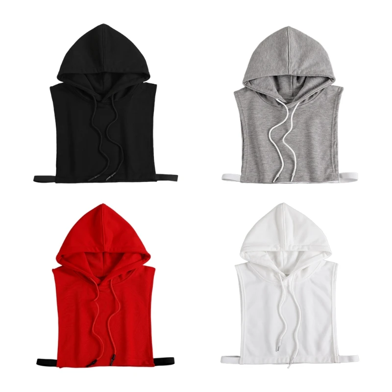 

066F Women Hoodie Fake Collar with Hat Solid Color Drawstring Dickey Half Sweatshirt