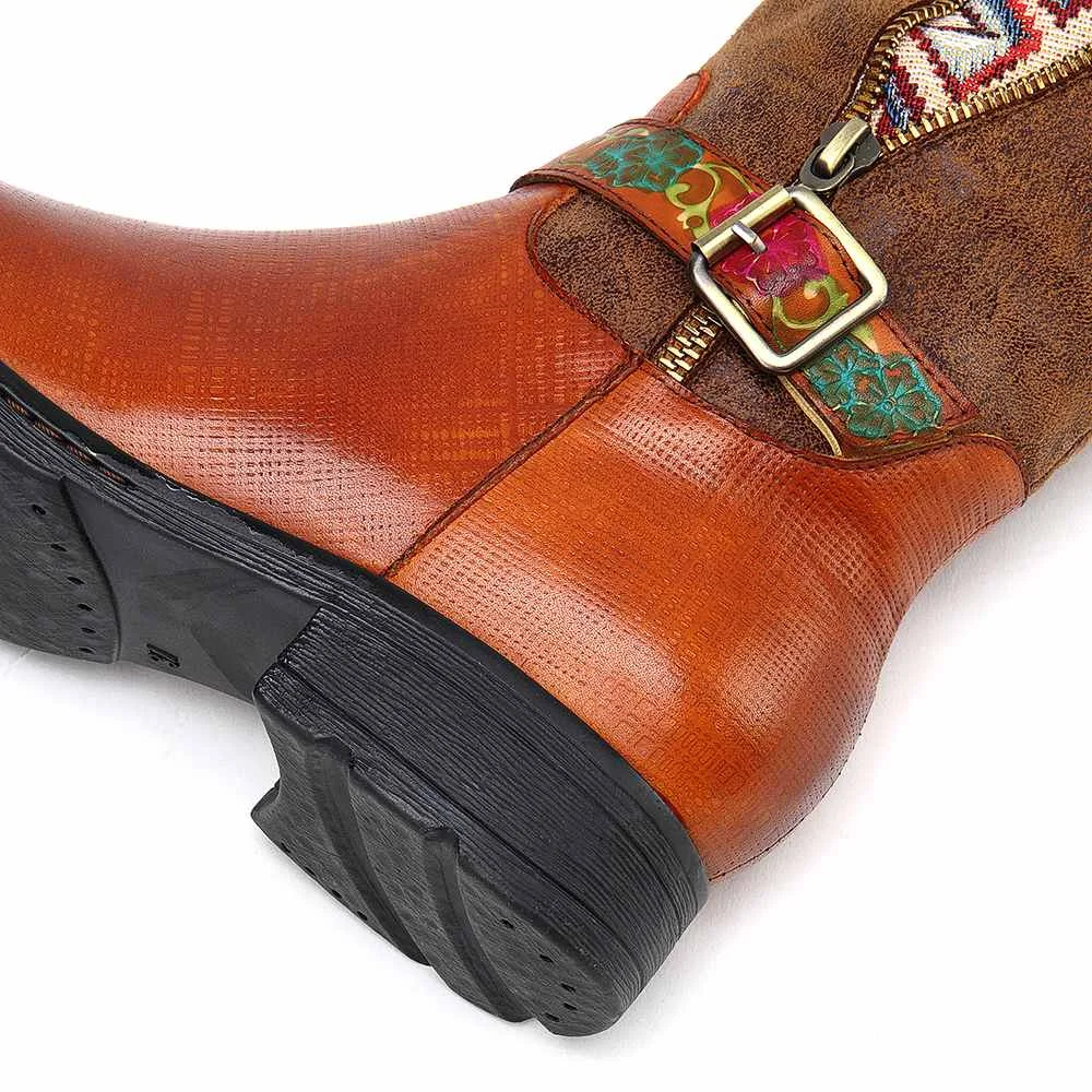 SOCOFY Botas mujer; ботинки из натуральной кожи с квадратным узором; ботинки до середины икры на мягкой плоской подошве; обувь на каблуке; женская зимняя обувь