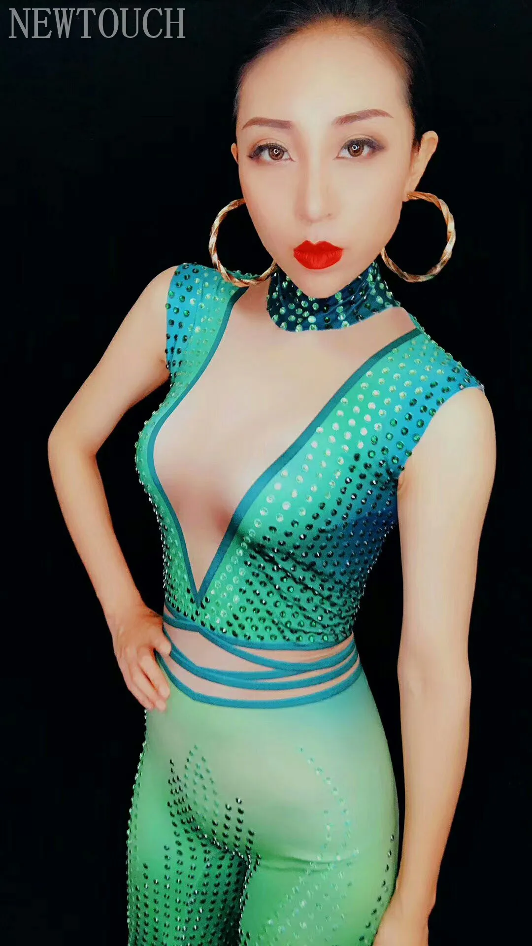 

Green Rhinestone Sleeveless Stretch Wide Legs Pants Pants Stage Adult Costumes One-piece Dancer Costume jumpsuit Sexy Clothing