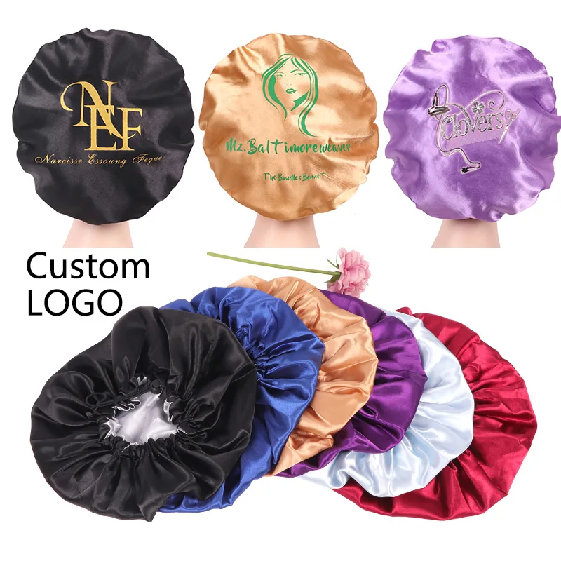 Custom Logo Stain Bonnet Silk Hair Bonnet With Adjustable Strap 32Cm Big Size Sleeping Cap Hair Bonnets Head Hair Covers Hat