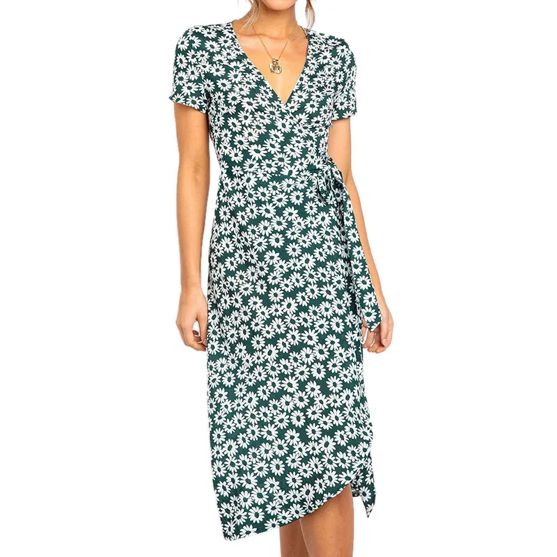 

Summer V-neck Short-sleeved Print High-waist Lace-up Chiffon Ladies Mid-length Skirt Slim Casual Beach Mid-length Skirt Women