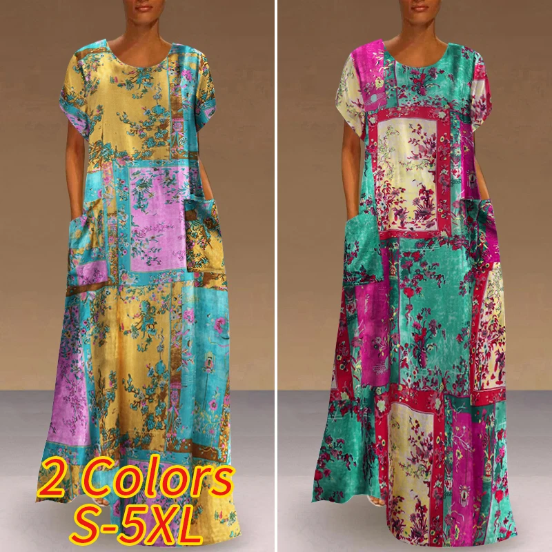 Women Short Sleeve Dress 2022 VONDA Female Casual Cotton Vintage Printed Dress Bohemian Summer Beach Sundress