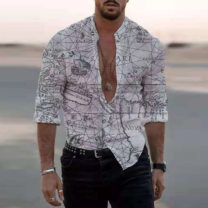 

Spring Autumn Fashion Men's Casual Shirts 2021 Turn-down Collar Buttoned Shirt For Men Vintage Map Printed Long Sleeve Slim Tops