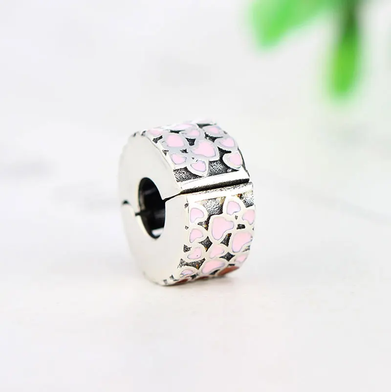 

925 Sterling Silver Pave Pink Enamel Heart Bead Stopper Clip Fit Original Pan Charm Bracelet Handmade Making Berloque 2019