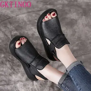 GKTINOO2022 г.; Летняя обувь; Женские босоножки на толстой плоской платформе; Модные женские босоножки из натуральной коровьей кожи на танкетке с открытым носком