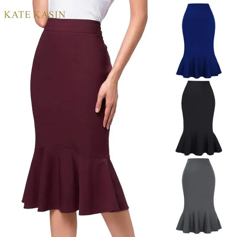 Женская офисная юбка карандаш Kate Kasin однотонная облегающая до колена с высокой